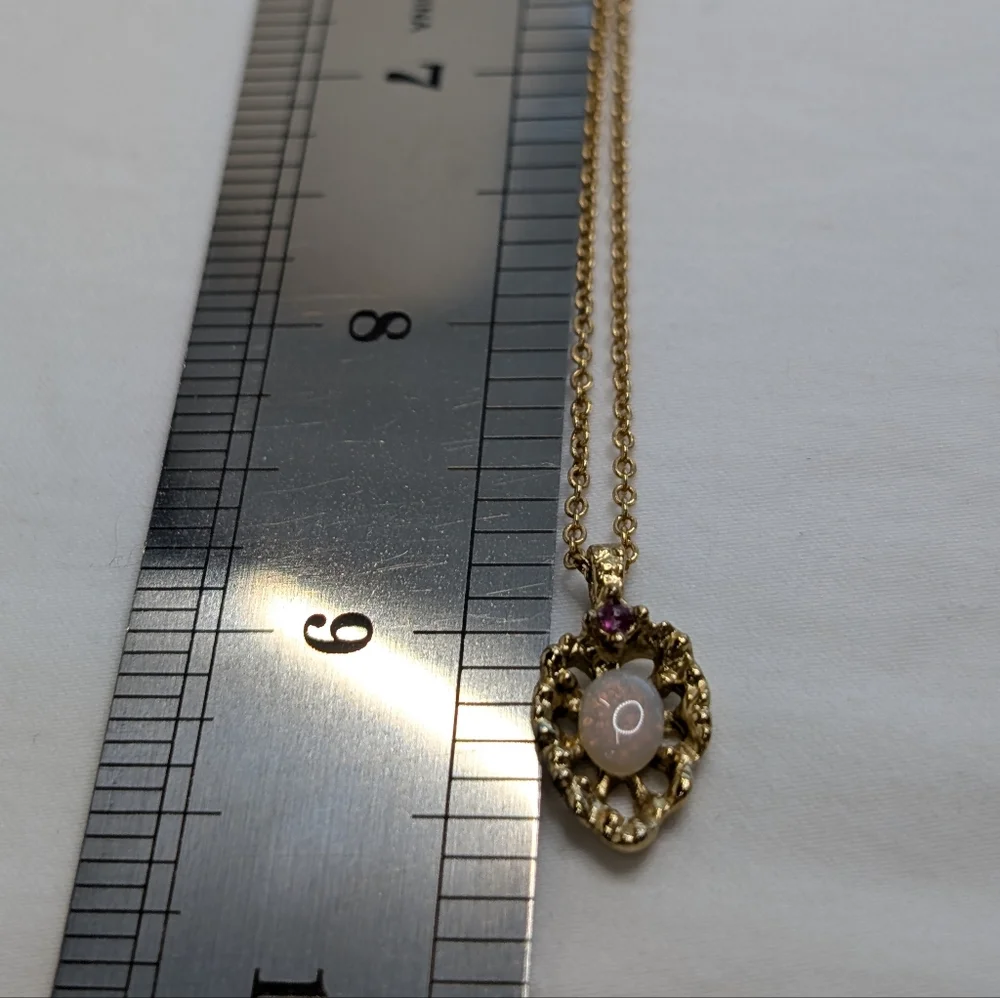 Vintage Opal & Ruby Gold Necklace - Van Doren - Dainty Classic Estate Jewelry
